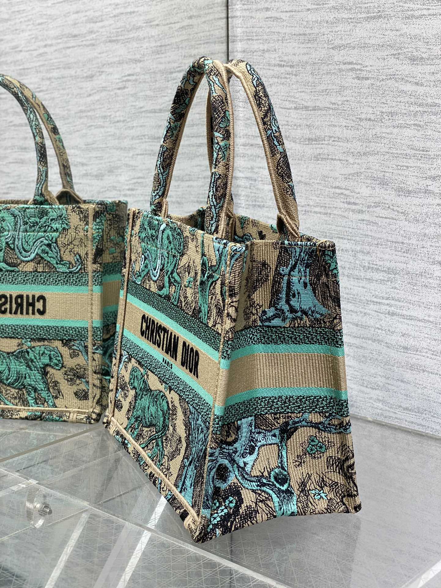 Small Dior Book Tote Bag Raffa with Aquamarina Toile de Jouy Reverse Embroidery